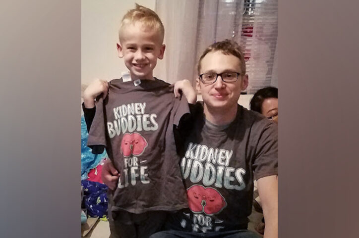 Nolan and his uncle Jon wear matching shirts that read "kidney buddies"