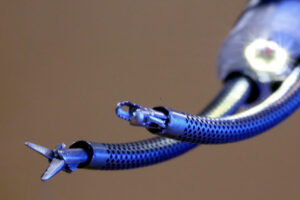 The working end of the neurosurgical robot with its two arms.