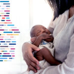 A Black mother and her newborn, with a DNA pattern to illustrate the BabySeq concept.