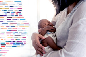 A Black mother and her newborn, with a DNA pattern to illustrate the BabySeq concept.