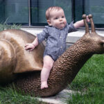 Eoin sits on a snail sculpture on the Hale Building rooftop garden