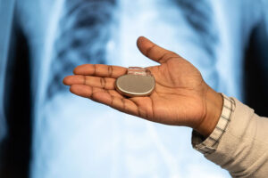 The hand of a doctor holds a pacemaker.