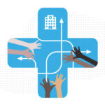 A hospital and lines with arrows to convey the idea of clinical pathways, with hands of different colors reaching out.