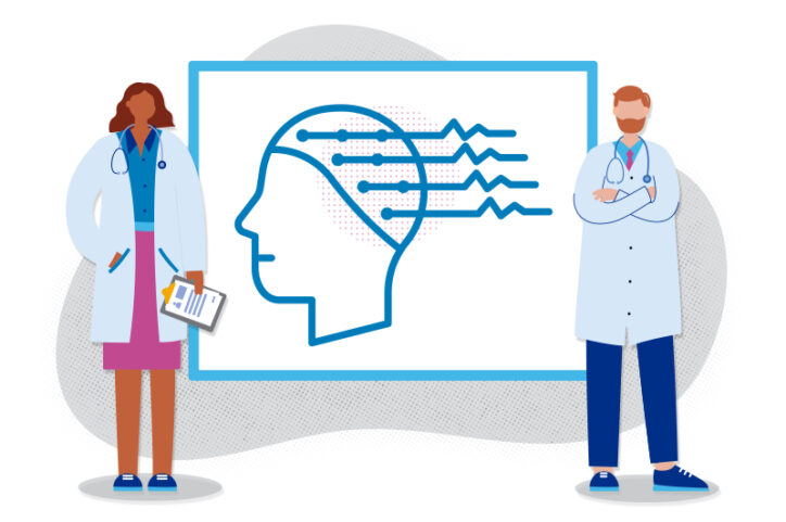 Two clinicians standing next to an image of a head with squiggly EEG lines, inside a box, indicating seizure zones.