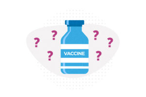 A vaccine vial with question marks around it.