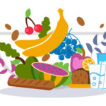 An illustration of fruit and vegetables. Bananas, cherries, grapes, watermelon, bread, apples, and milk are present.