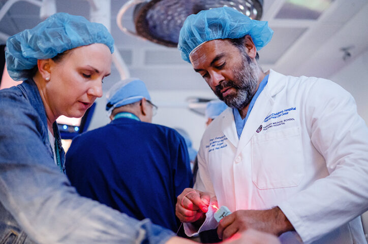 The MFCC’s director, fetal surgeon Alireza A. Shamshirsaz, MD (“Shami”), demonstrates a simulation.