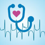 An illustration centers a heart and a stethoscope in front of EKG lines.