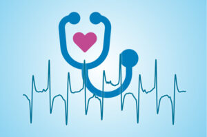 An illustration centers a heart and a stethoscope in front of EKG lines.