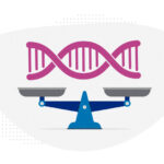 A segment of DNA hovering over a scale, to convey risks and benefits of gene therapy.