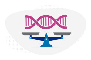 A segment of DNA hovering over a scale, to convey risks and benefits of gene therapy.