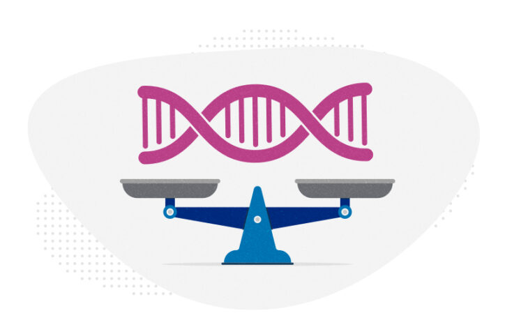 A segment of DNA hovering over a scale, to convey risks and benefits of gene therapy.