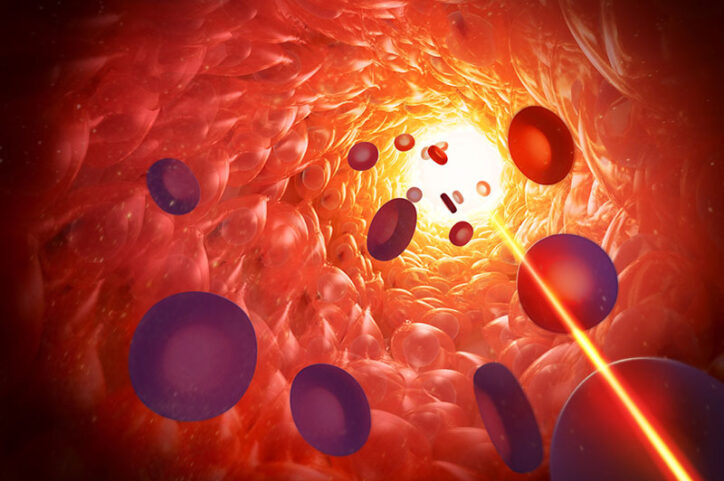 Red blood cells flowing through a vein encounter a particle carrying oxygen and then become filled with oxygen.