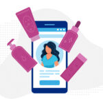 Illustration of a smartphone showing a woman on screen. Different skin care products float outside the phone screen.