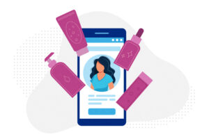 Illustration of a smartphone showing a woman on screen. Different skin care products float outside the phone screen.