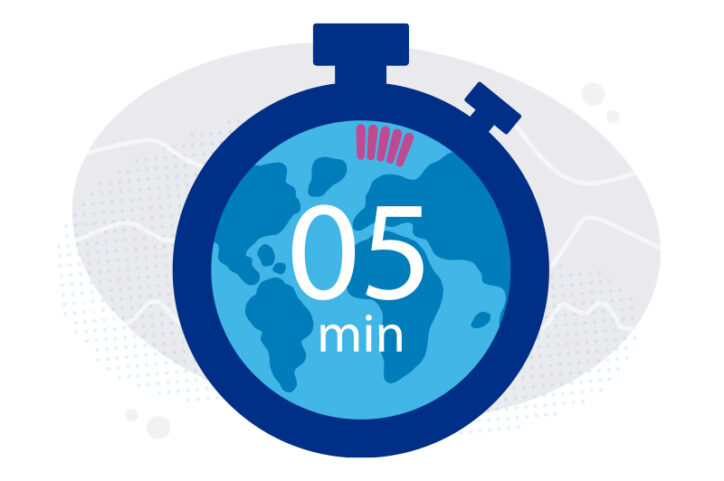 A watch marking 5 minutes, with a globe