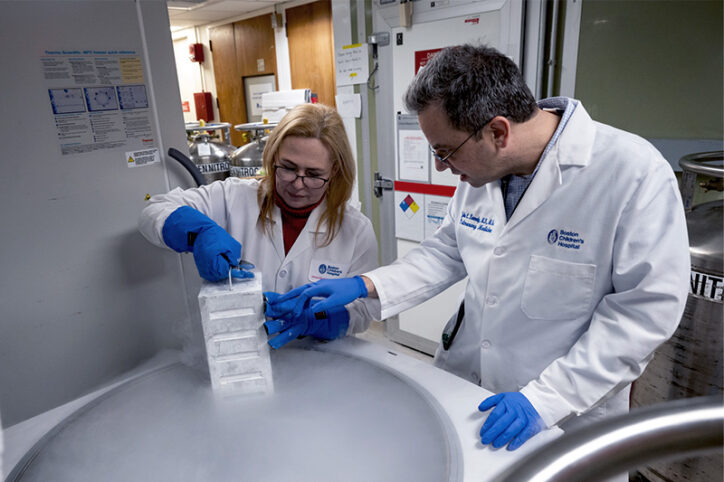 Researchers locate frozen lung samples in liquid nitrogen storage.