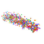 Hundreds of dots representing RNAs, forming the shape of an E. coli bacterium.