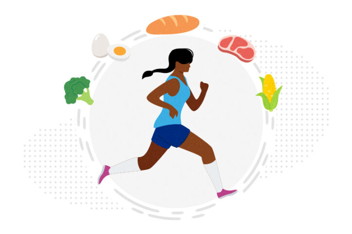 A runner surrounded by important food groups: carbs, protein, and fat.