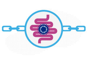 A virus superimposed on the intestine, with chain links.