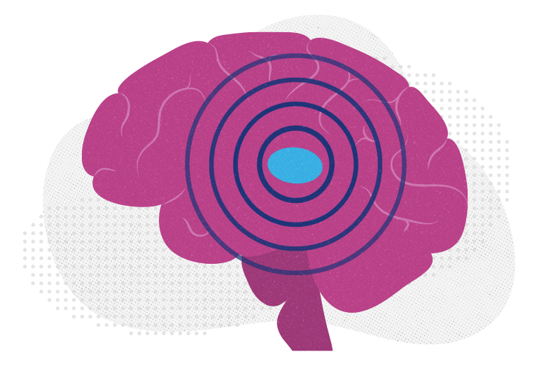 A brain with the thalamus highlighted, with signals radiating out from it.