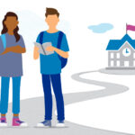 An illustration of a boy and girl standing in front of a school