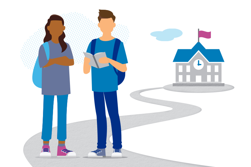 An illustration of a boy and girl standing in front of a school