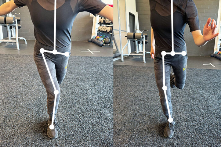 Lines superimposed on an athlete's legs illustrate improper and proper alignment while landing.