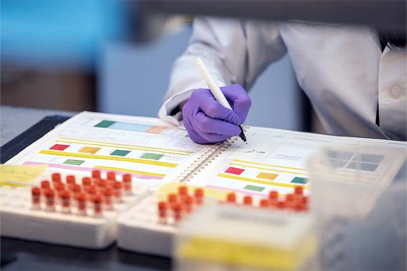a hand in a latex glove taking notes near a batch of test tubes
