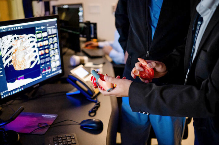 Two cardiologists compare two physical models of the heart to a 3D-rendered model on a computer.