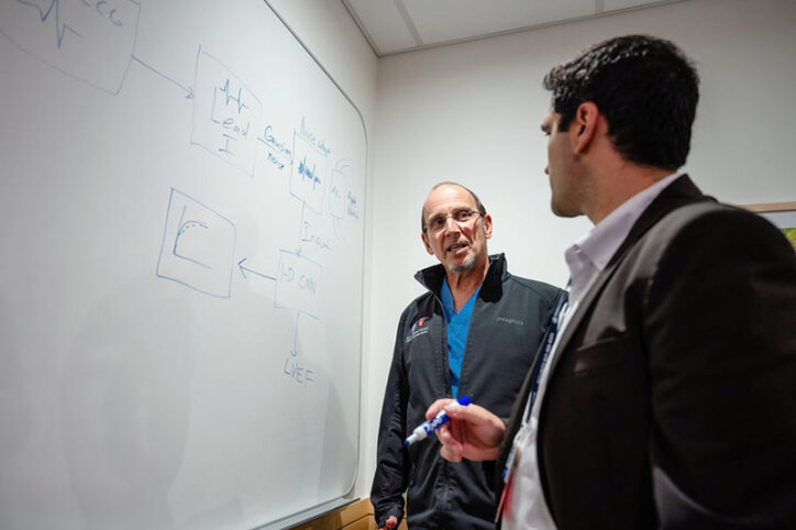 Two cardiologists review a diagram of an AI model's data flow on a dry erase board.