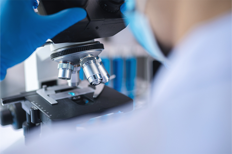A person wearing latex gloves looks at a microscope