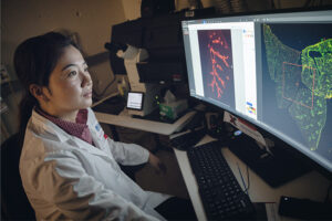 A female researcher in a lab coat examines images of tissue samples on a computer screen.