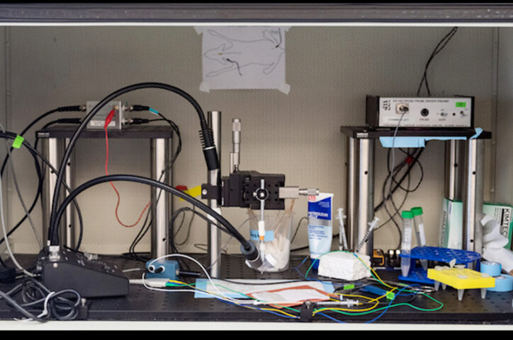 Laboratory workstation with microscopes, tubing, instruments, wires, and supplies arranged on a bench.