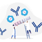 Antibodies and cells float around a cartoon of two doctors holding a large syringe.