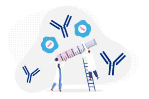 Antibodies and cells float around a cartoon of two doctors holding a large syringe.