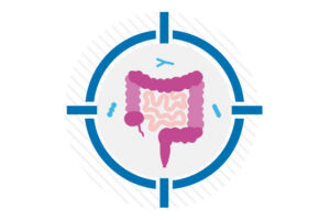 A target symbol surrounds a graphic representation intestines and various bacteria.