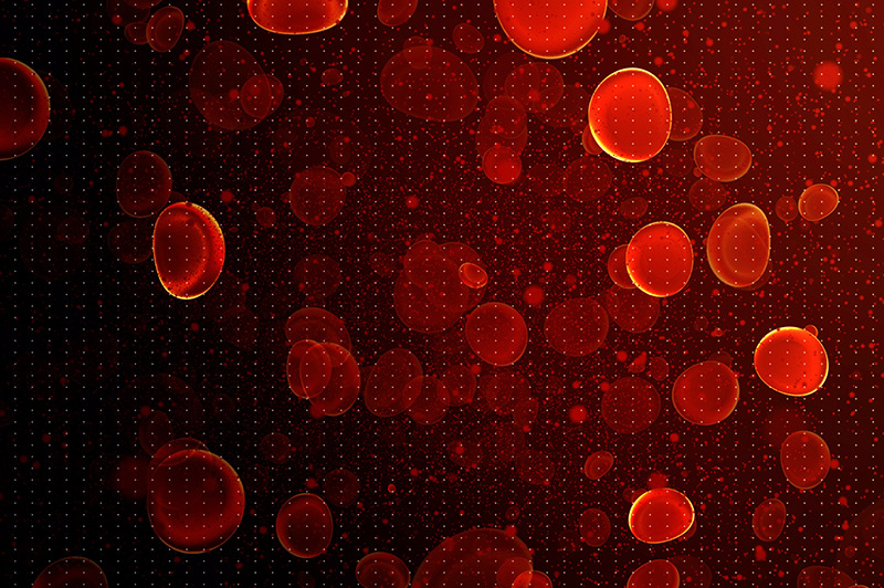 Circular red shapes resembling blood cells on a dark background that has a faint grid pattern with scattered small dots.