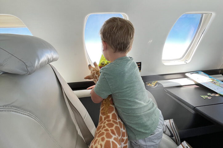 A young boy holding a stuffed giraffe looks out the window of an airplane.